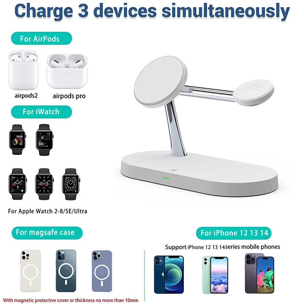 3 in 1 Wireless Charger For iPhone 12 13 14 15 Magsafe Charger Airpods Pro Apple Watch 9 8 7 6 QI Fast Charging Station
