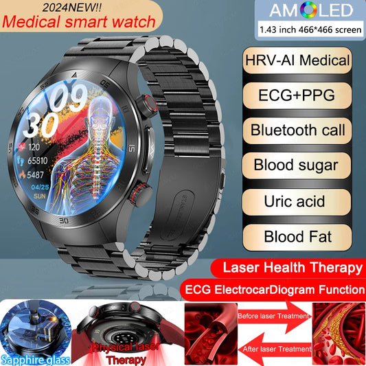 2024 New Laser Therapy AI Medical Diagnosis Smart Watch Men Bluetooth Call Non-invasive Blood Glucose lipid Uric Acid Smartwatch