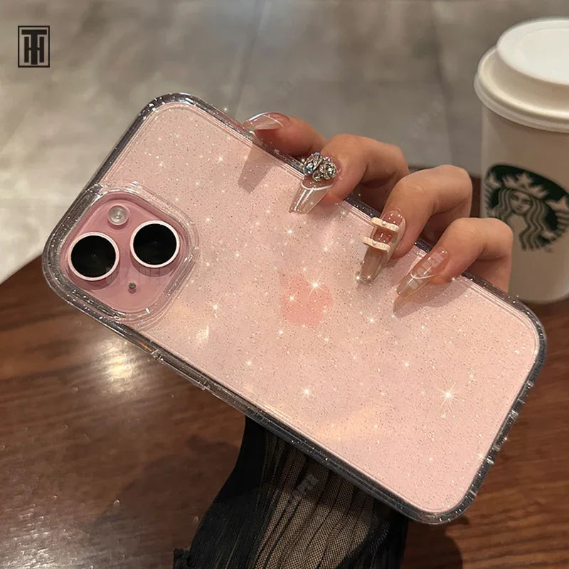 Fashion Pink Glitter Clear Silicone Phone Case For iPhone 15 14 13 12 11 Pro Max Plus X XS Max XR Soft Antiskid Protect Cover