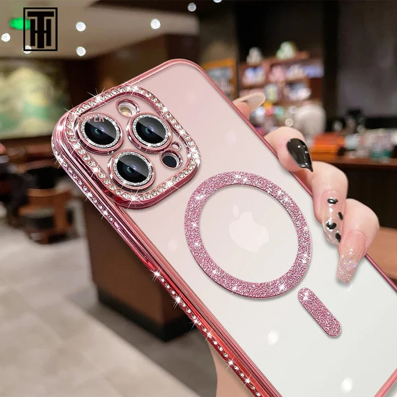Luxury Diamond Bling Soft TPU Clear Sparkle Case For IPhone 15 11 12 13 14 Pro Max Plus Magsafe Magnetic Wireless Charging Cover