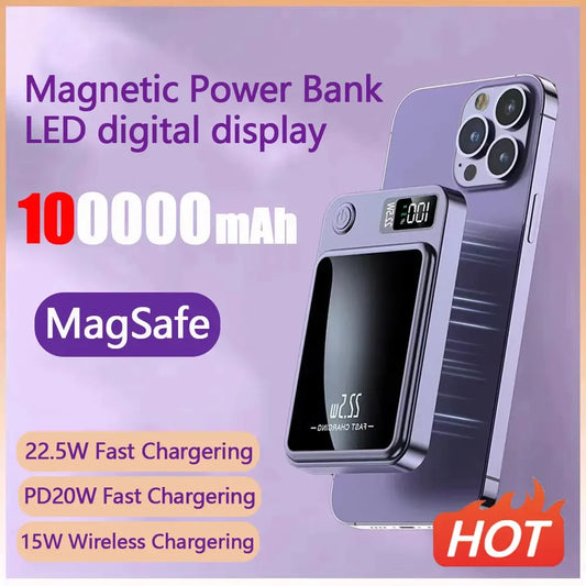 100000mAh Macsafe Magnetic Power Bank 22.5W Super Fast Charging Portable Battery For Iphone Xiaomi Samsung Power Bank Free Shipp