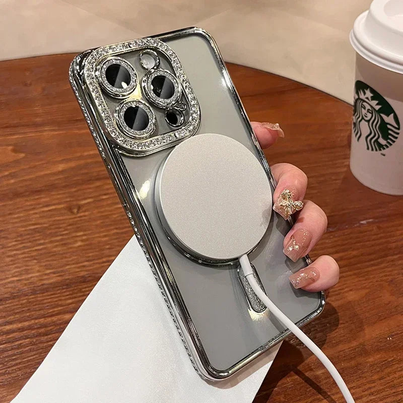 Luxury Plating Clear Diamond Glitter Case For iPhone 15 11 12 13 14 Pro Max 15 Plus Magsafe Magnetic Wireless Charging TPU Cover