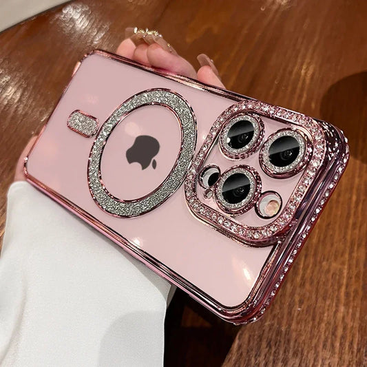 Luxury Pink Diamond Glitter Clear Plating Case For IPhone 15 11 12 13 14 Pro Max Plus Magsafe Magnetic Wireless Charging Cover
