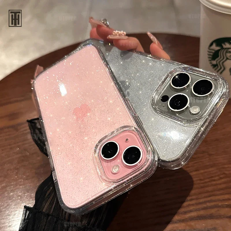 Fashion Pink Glitter Clear Silicone Phone Case For iPhone 15 14 13 12 11 Pro Max Plus X XS Max XR Soft Antiskid Protect Cover